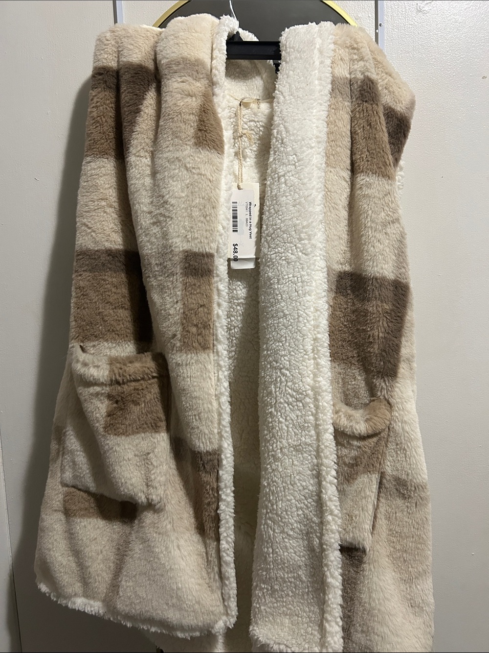 Vanilla Bay Hooded Faux-Shearling Open-Front Vest in Cream & Brown Plaid